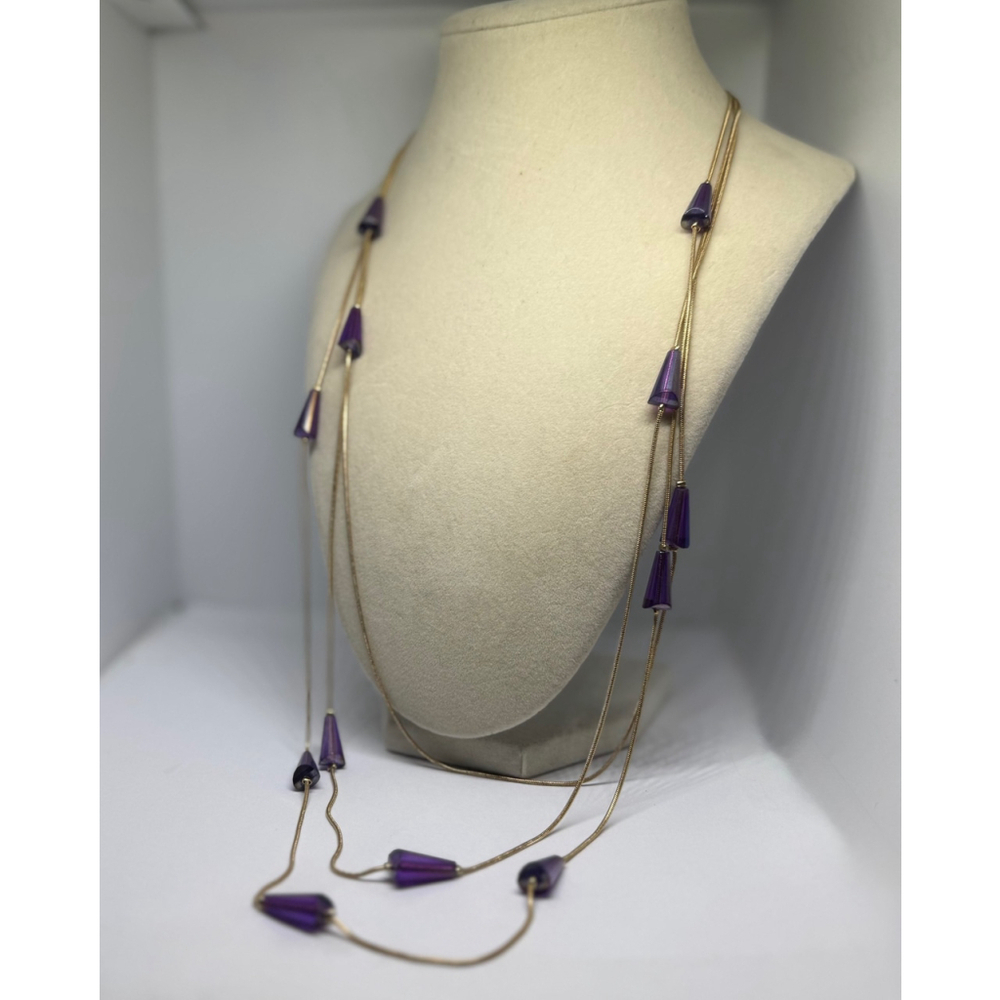Charming Charlie‎ Purple Glass Gold Tone Chain Opera Necklace - Picture 3 of 10